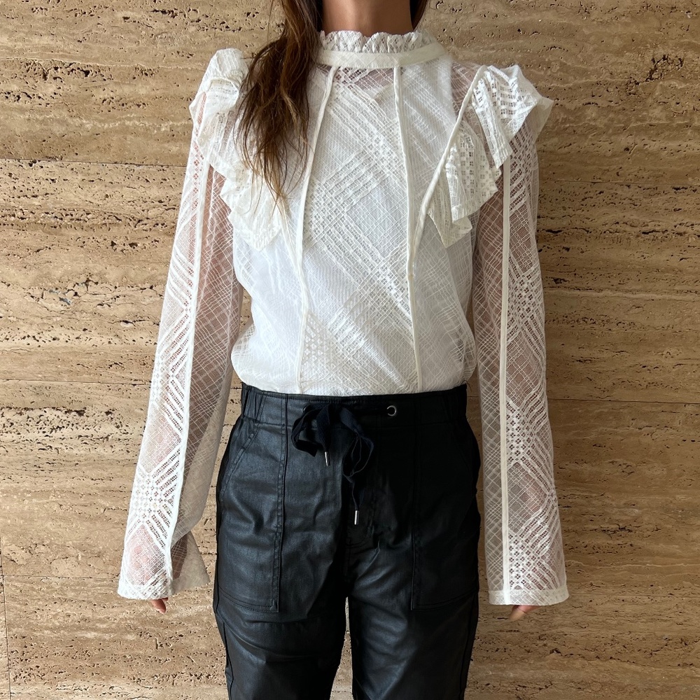 White Lace Long Sleeve Top - H&M size 12 frill detail - Picture 1 of 8